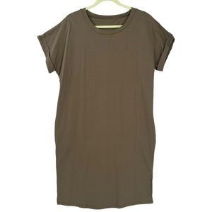 Yesno Women’s Short Cuffed Sleeve Midi T-Shirt Dress W/Pockets Army Green Size M